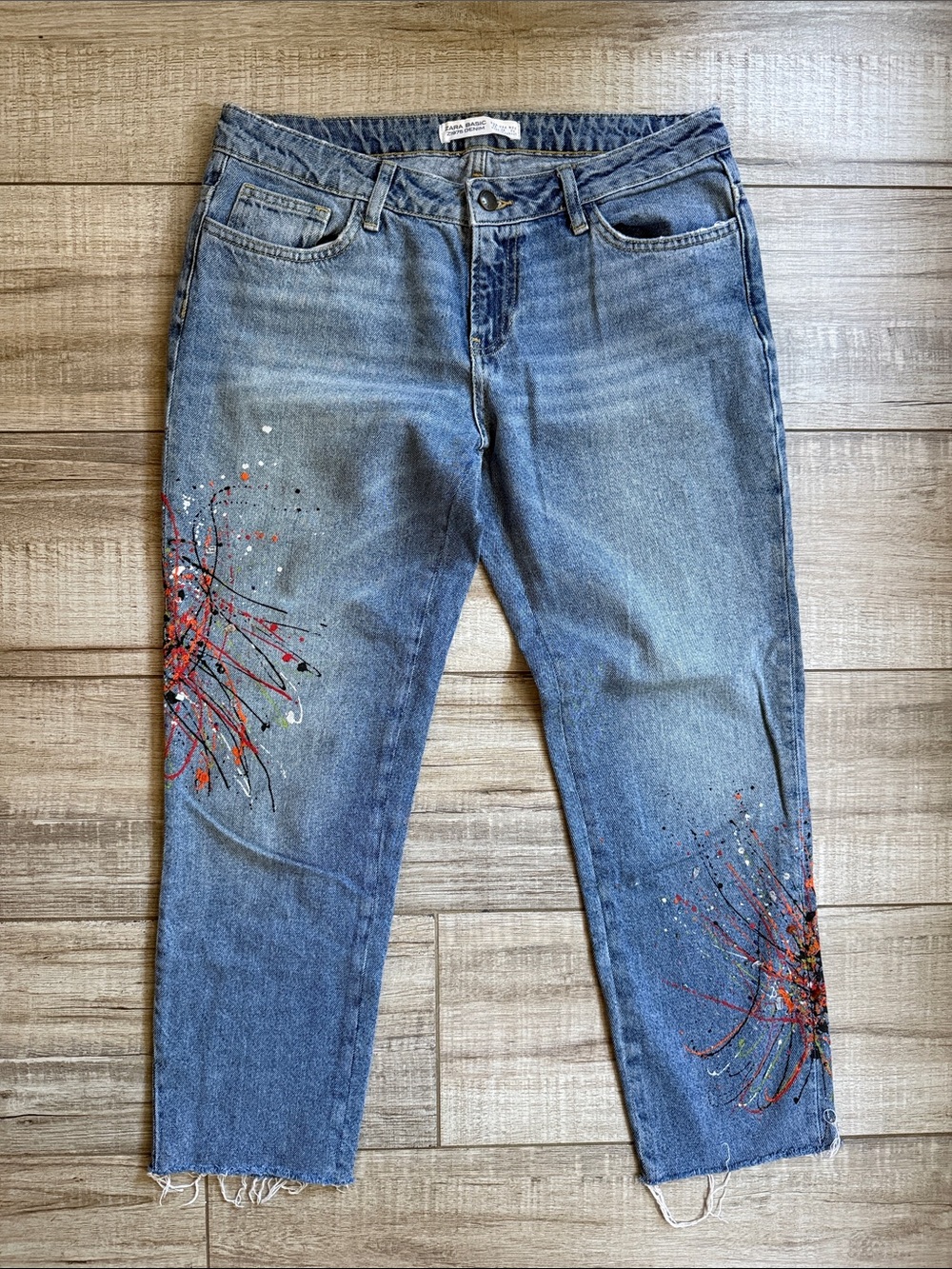 Zara Z1975 Paint Splatter Cropped Raw Hem Straight Jeans Size 6 (Fits US 8)